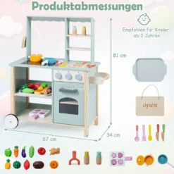 Kinderküche aus Holz Spielküche mit Schiebegriff Spielzeugherd und Rädern für Kinder ab 3 Jahren
