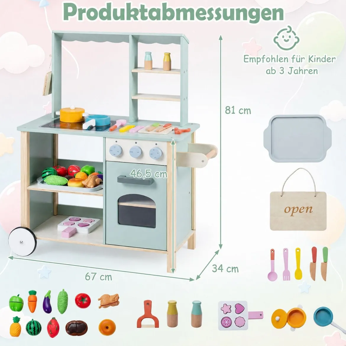 Kinderküche aus Holz Spielküche mit Schiebegriff Spielzeugherd und Rädern für Kinder ab 3 Jahren