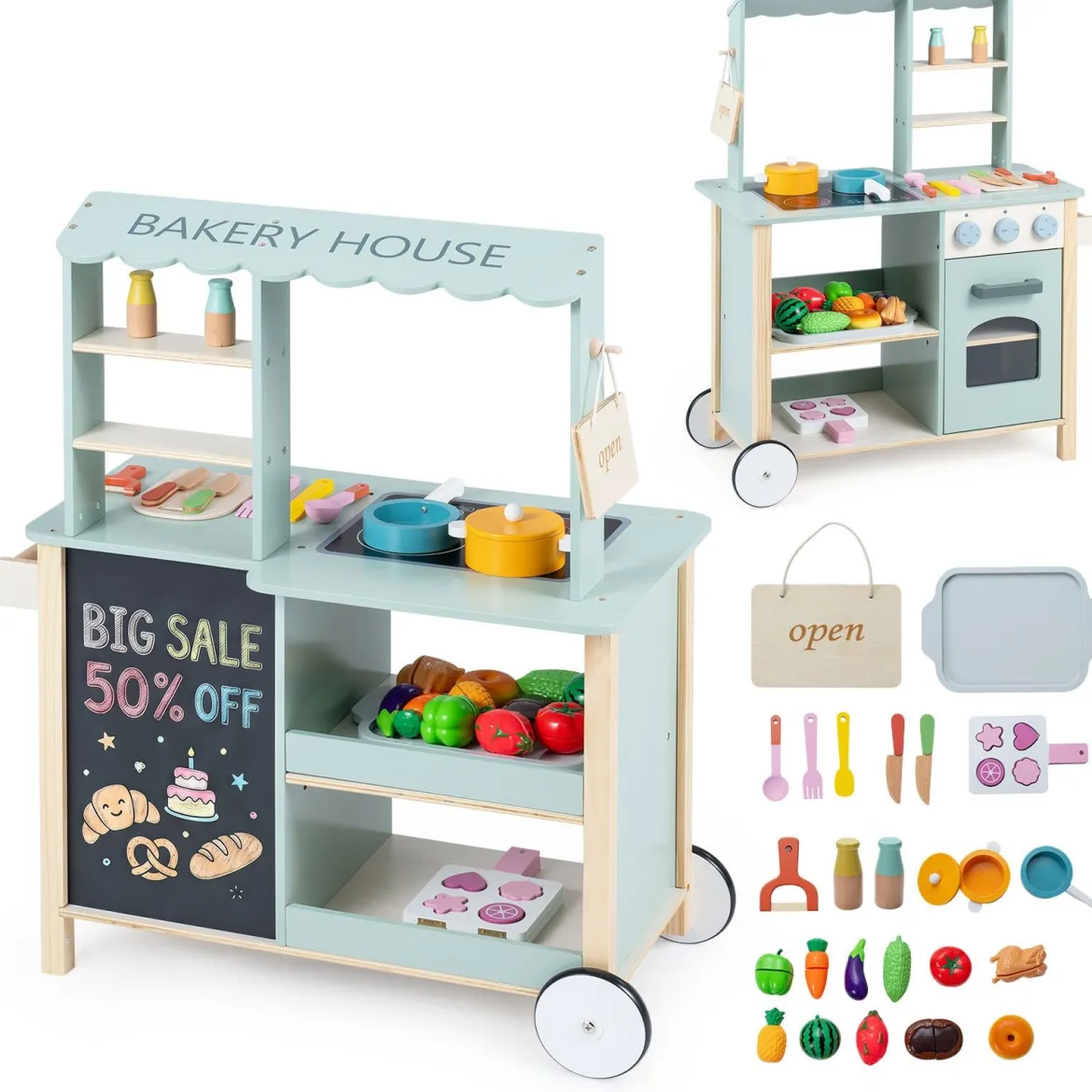 Kinderküche aus Holz Spielküche mit Schiebegriff Spielzeugherd und Rädern für Kinder ab 3 Jahren