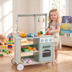 Kinderküche aus Holz Spielküche mit Schiebegriff Spielzeugherd und Rädern für Kinder ab 3 Jahren