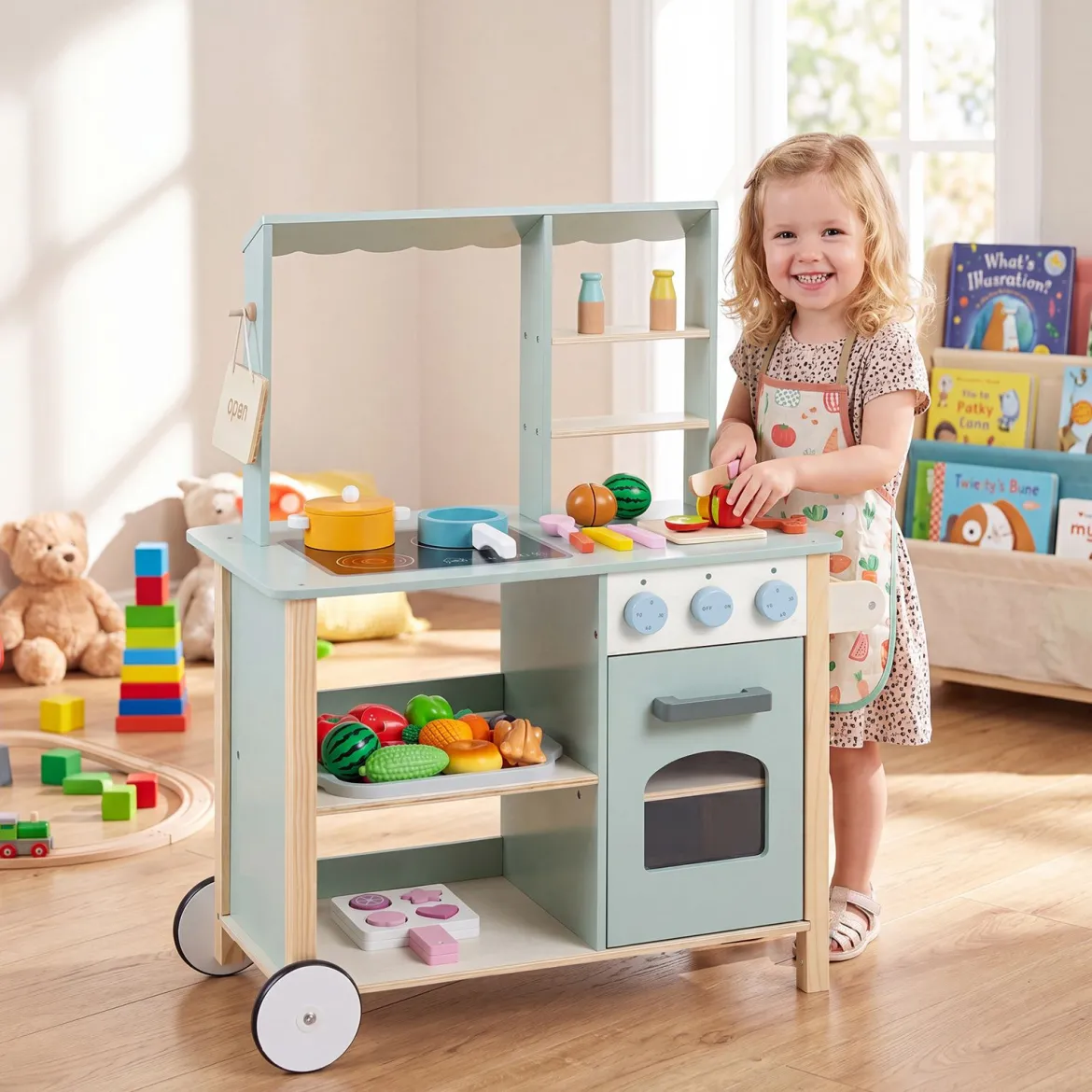 Kinderküche aus Holz Spielküche mit Schiebegriff Spielzeugherd und Rädern für Kinder ab 3 Jahren