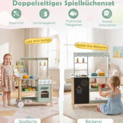 Kinderküche aus Holz Spielküche mit Schiebegriff Spielzeugherd und Rädern für Kinder ab 3 Jahren