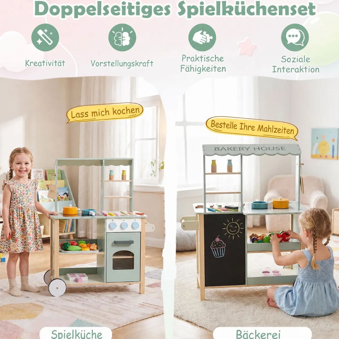 Kinderküche aus Holz Spielküche mit Schiebegriff Spielzeugherd und Rädern für Kinder ab 3 Jahren