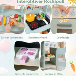 Kinderküche aus Holz Spielküche mit Schiebegriff Spielzeugherd und Rädern für Kinder ab 3 Jahren