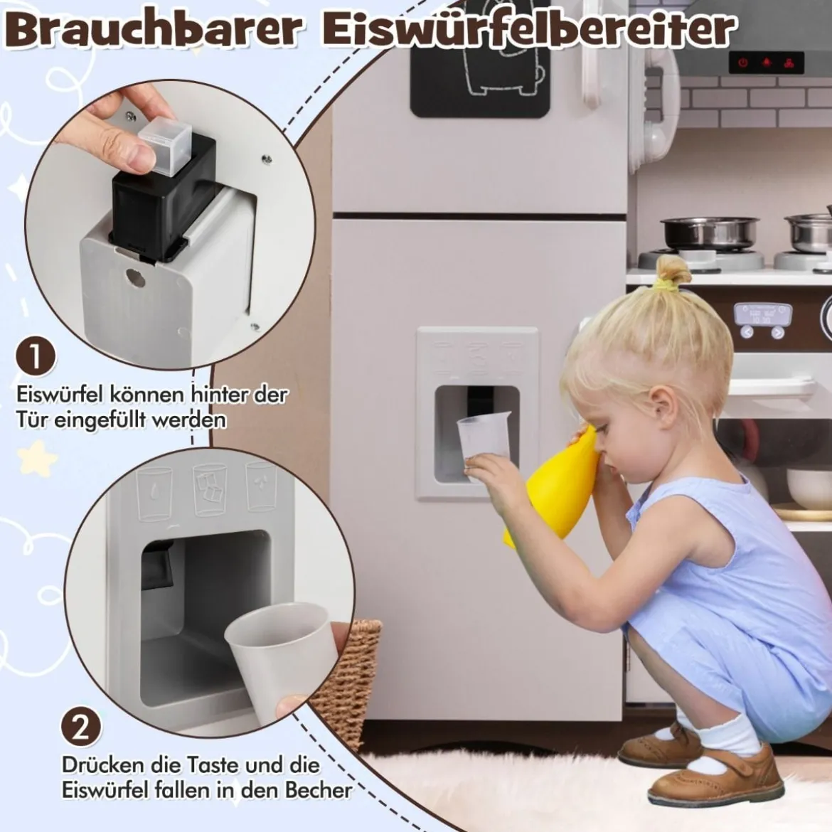 Kinderküche Holz Eck Spielküche mit Licht & Sound inkl. 7 Zubehör Dunkelbraun 121 x 29 x 83 cm