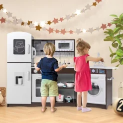 Kinderküche Holz Eck Spielküche mit Licht & Sound inkl. 7 Zubehör Dunkelbraun 121 x 29 x 83 cm