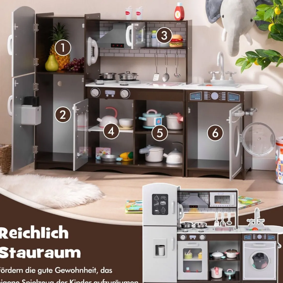 Kinderküche Holz Eck Spielküche mit Licht & Sound inkl. 7 Zubehör Dunkelbraun 121 x 29 x 83 cm