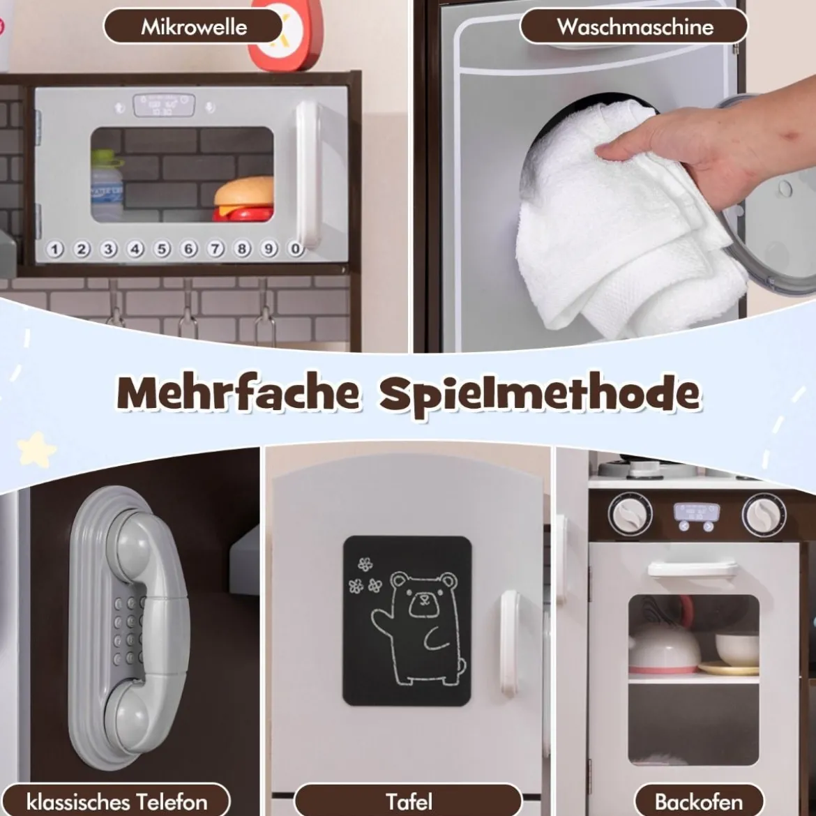 Kinderküche Holz Eck Spielküche mit Licht & Sound inkl. 7 Zubehör Dunkelbraun 121 x 29 x 83 cm