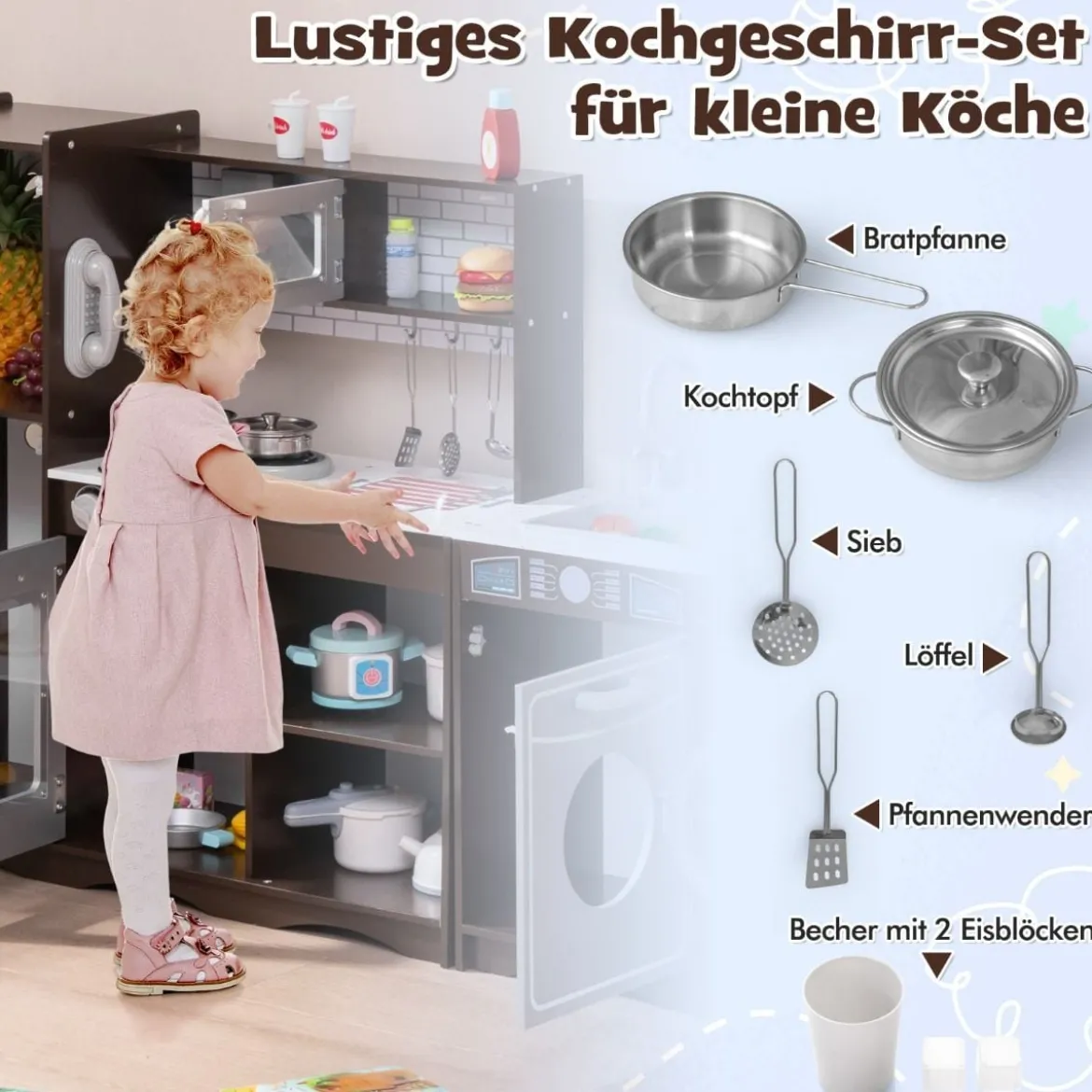 Kinderküche Holz Eck Spielküche mit Licht & Sound inkl. 7 Zubehör Dunkelbraun 121 x 29 x 83 cm