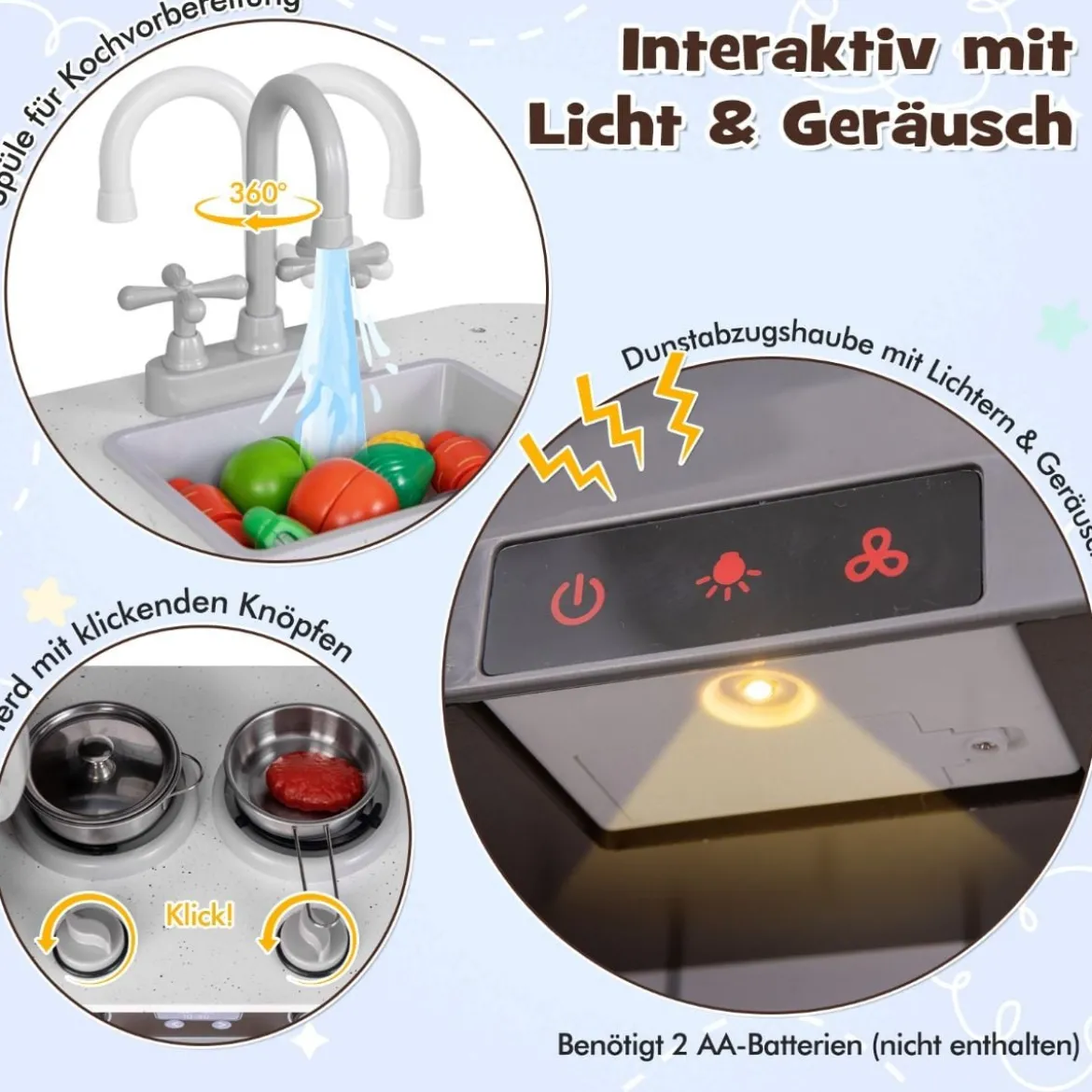 Kinderküche Holz Eck Spielküche mit Licht & Sound inkl. 7 Zubehör Dunkelbraun 121 x 29 x 83 cm