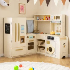 Kinderküche inkl. 22 Zubehör Eck-Spielküche mit Licht & Sound Spielzeugküche Beige