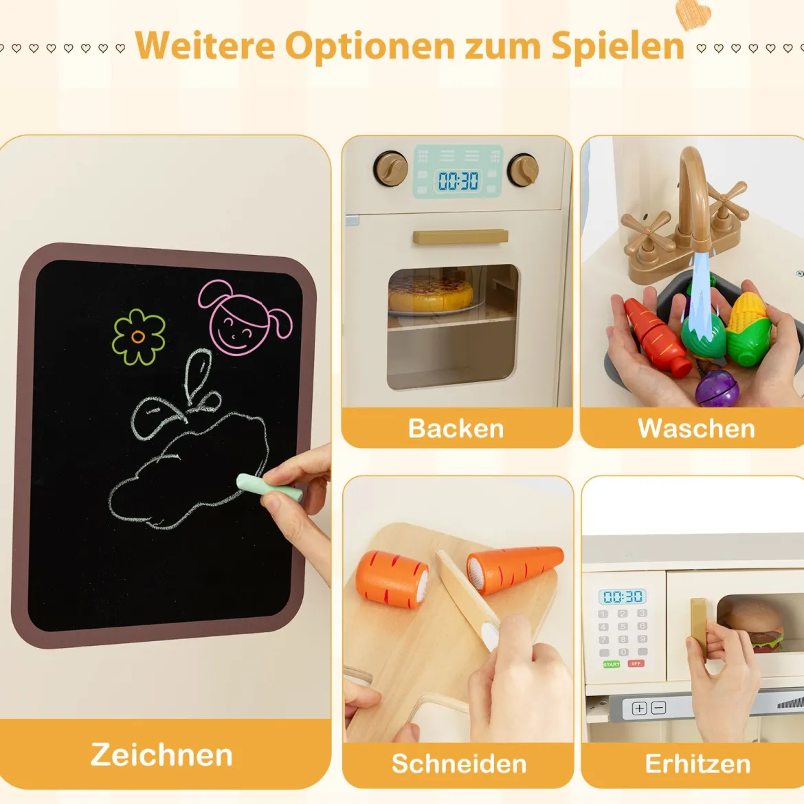 Kinderküche inkl. 22 Zubehör Eck-Spielküche mit Licht & Sound Spielzeugküche Beige