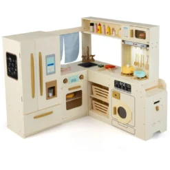 Kinderküche inkl. 22 Zubehör Eck-Spielküche mit Licht & Sound Spielzeugküche Beige