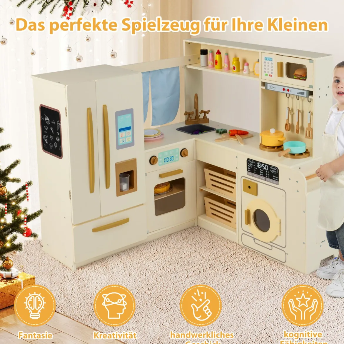 Kinderküche inkl. 22 Zubehör Eck-Spielküche mit Licht & Sound Spielzeugküche Beige