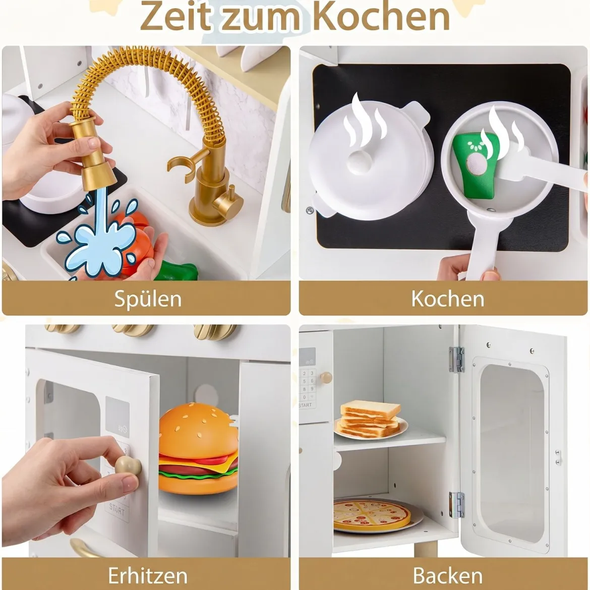 Kinderküche Interaktive Holz-spielküche mit Herd Wasserhahn Spüle & Telefon für Kinder ab 3 Jahren