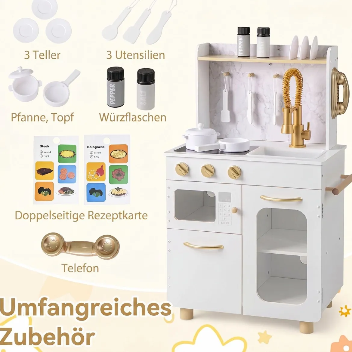 Kinderküche Interaktive Holz-spielküche mit Herd Wasserhahn Spüle & Telefon für Kinder ab 3 Jahren