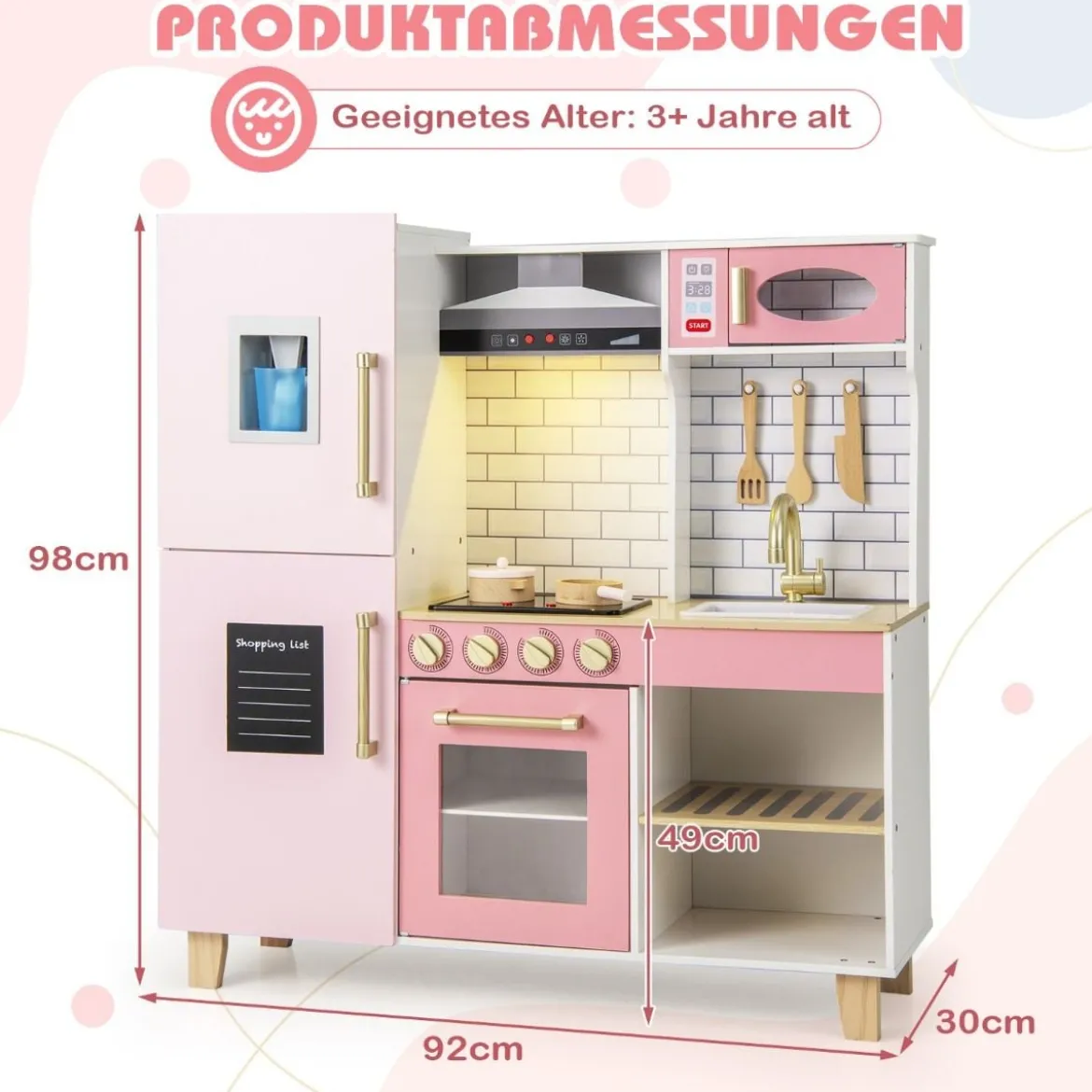 Kinderküche mit Eismaschine & Dunstabzugshaube & Tafel Spielküche Holzküche Rosa