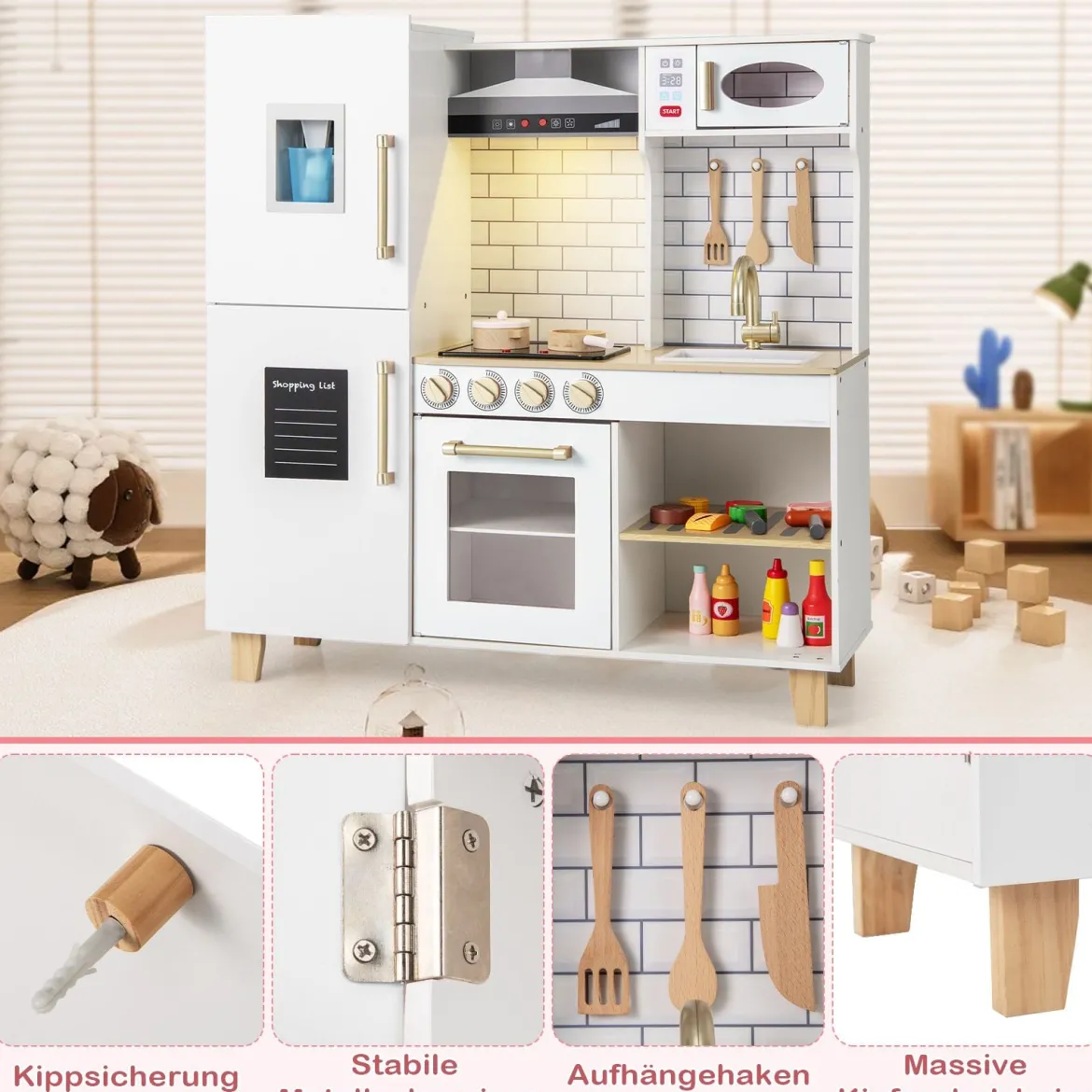 Kinderküche mit Eismaschine & Dunstabzugshaube & Tafel Spielküche Holzküche Weiß