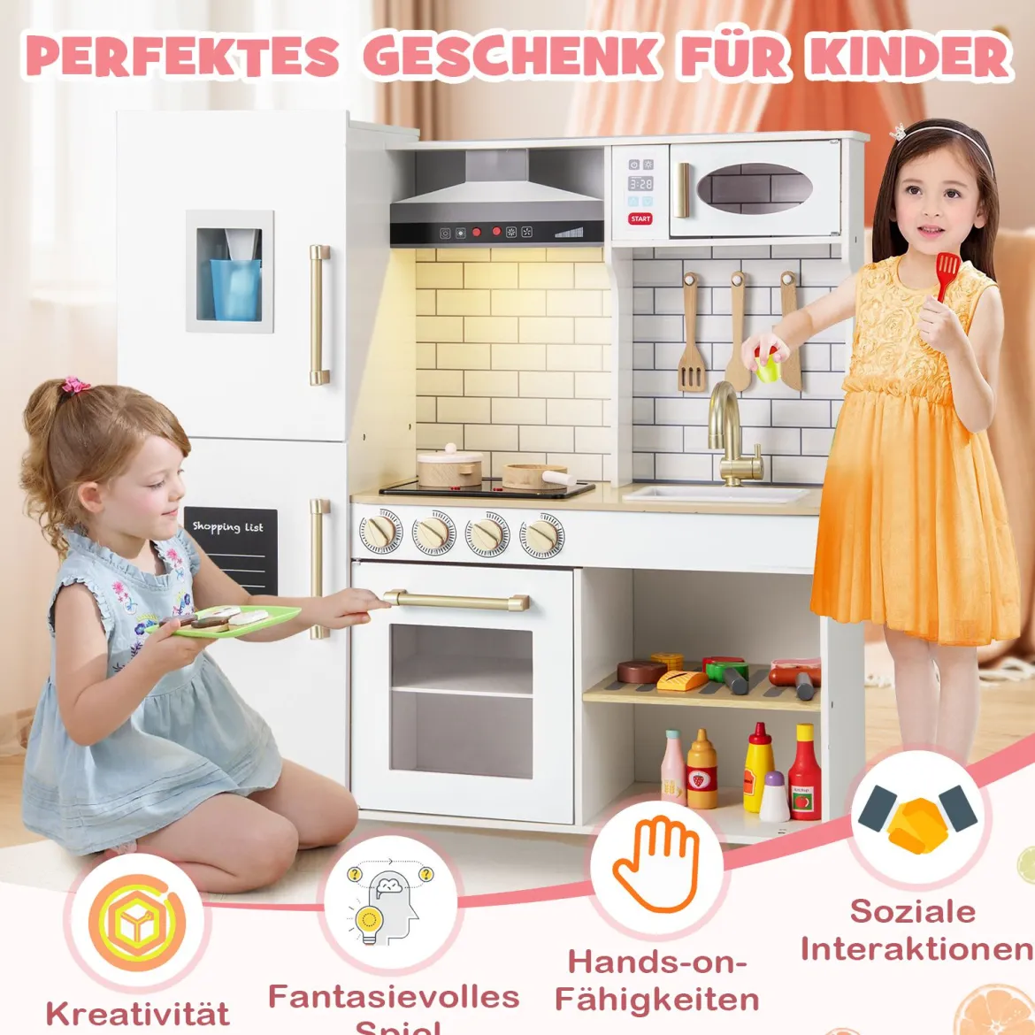 Kinderküche mit Eismaschine & Dunstabzugshaube & Tafel Spielküche Holzküche Weiß