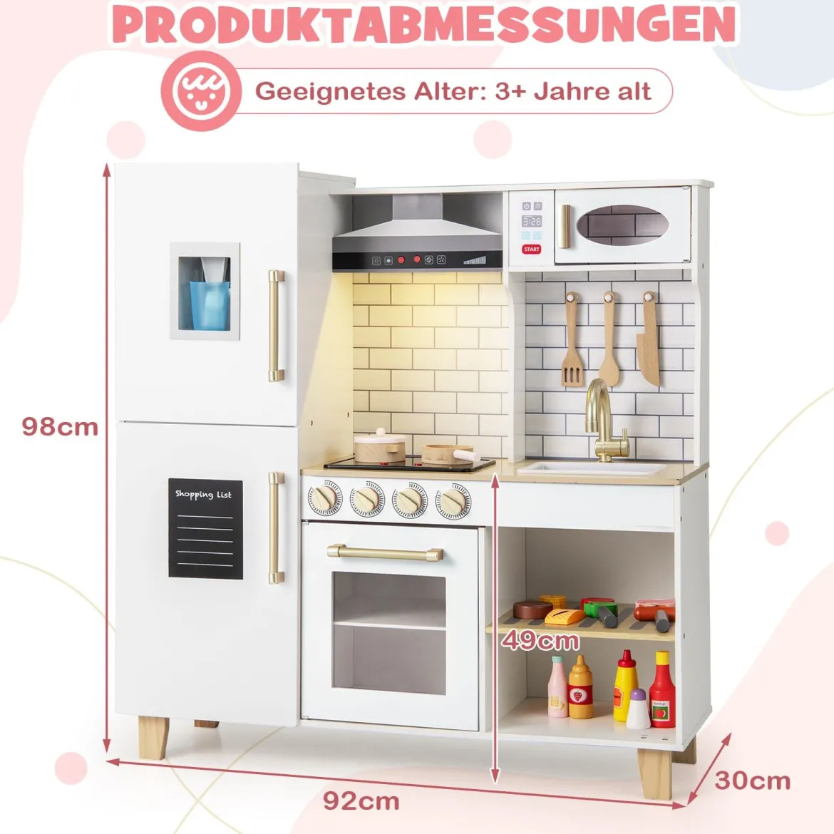 Kinderküche mit Eismaschine & Dunstabzugshaube & Tafel Spielküche Holzküche Weiß