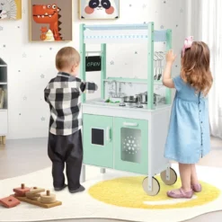 Kinderküche mit Kaufladen & Rollen & 17 Zubehör & Licht & Fernbedienung Spielküche Grün