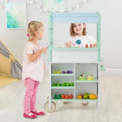 Kinderküche mit Kaufladen & Rollen & 17 Zubehör & Licht & Fernbedienung Spielküche Grün