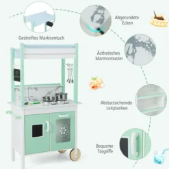 Kinderküche mit Kaufladen & Rollen & 17 Zubehör & Licht & Fernbedienung Spielküche Grün