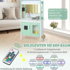Kinderküche mit Kaufladen & Rollen & 17 Zubehör & Licht & Fernbedienung Spielküche Grün
