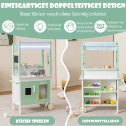 Kinderküche mit Kaufladen & Rollen & 17 Zubehör & Licht & Fernbedienung Spielküche Grün
