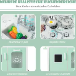 Kinderküche mit Kaufladen & Rollen & 17 Zubehör & Licht & Fernbedienung Spielküche Grün