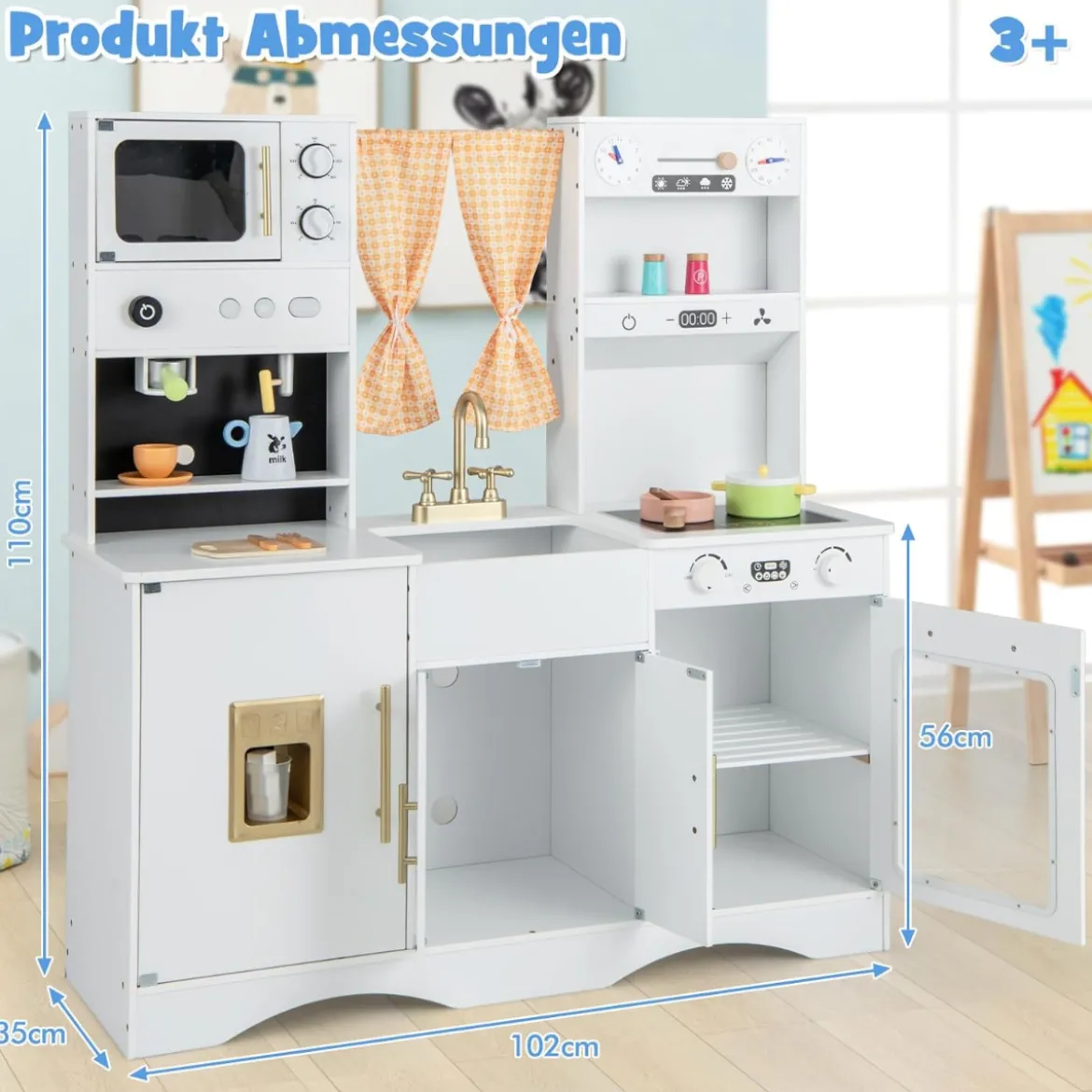 Kinderküche mit Kochzubehör Spielküche aus Holz mit Mikrowelle 102 x 35 x 110 cm