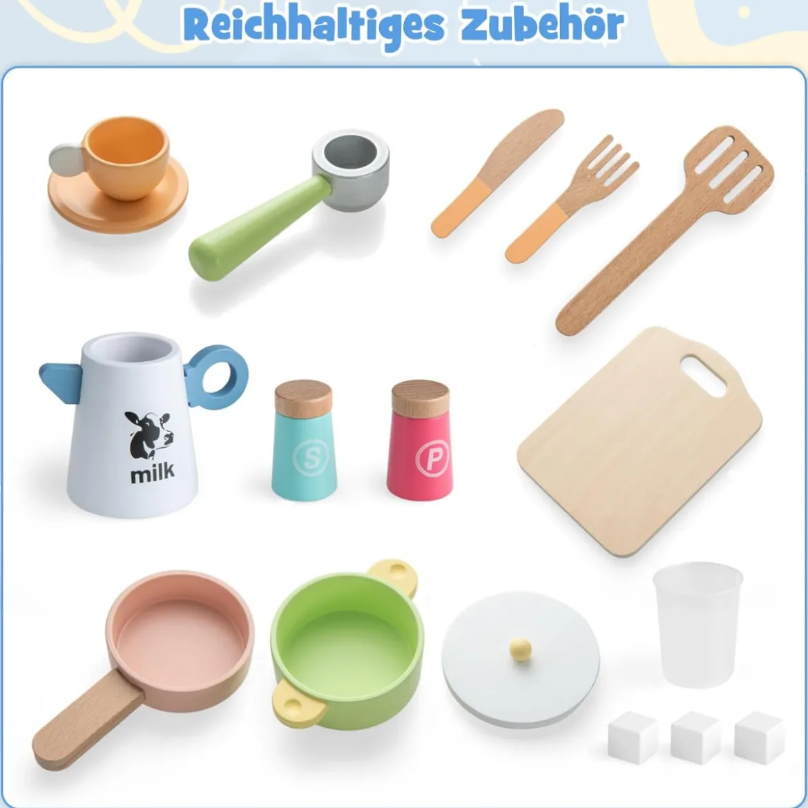 Kinderküche mit Kochzubehör Spielküche aus Holz mit Mikrowelle 102 x 35 x 110 cm