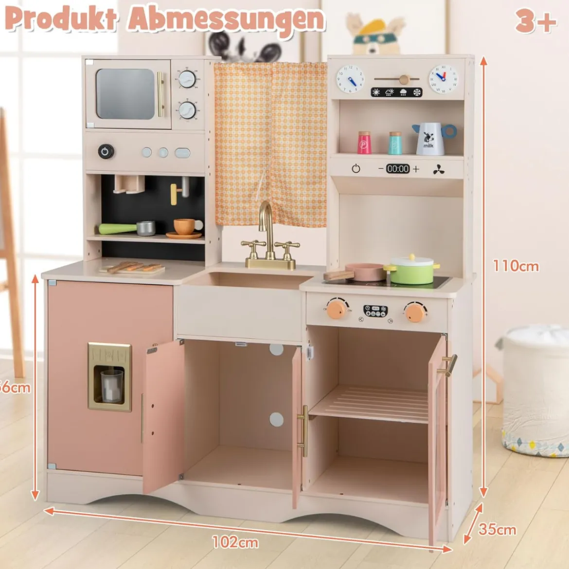 Kinderküche mit Kochzubehör Spielküche aus Holz mit Mikrowelle 102 x 35 x 110 cm