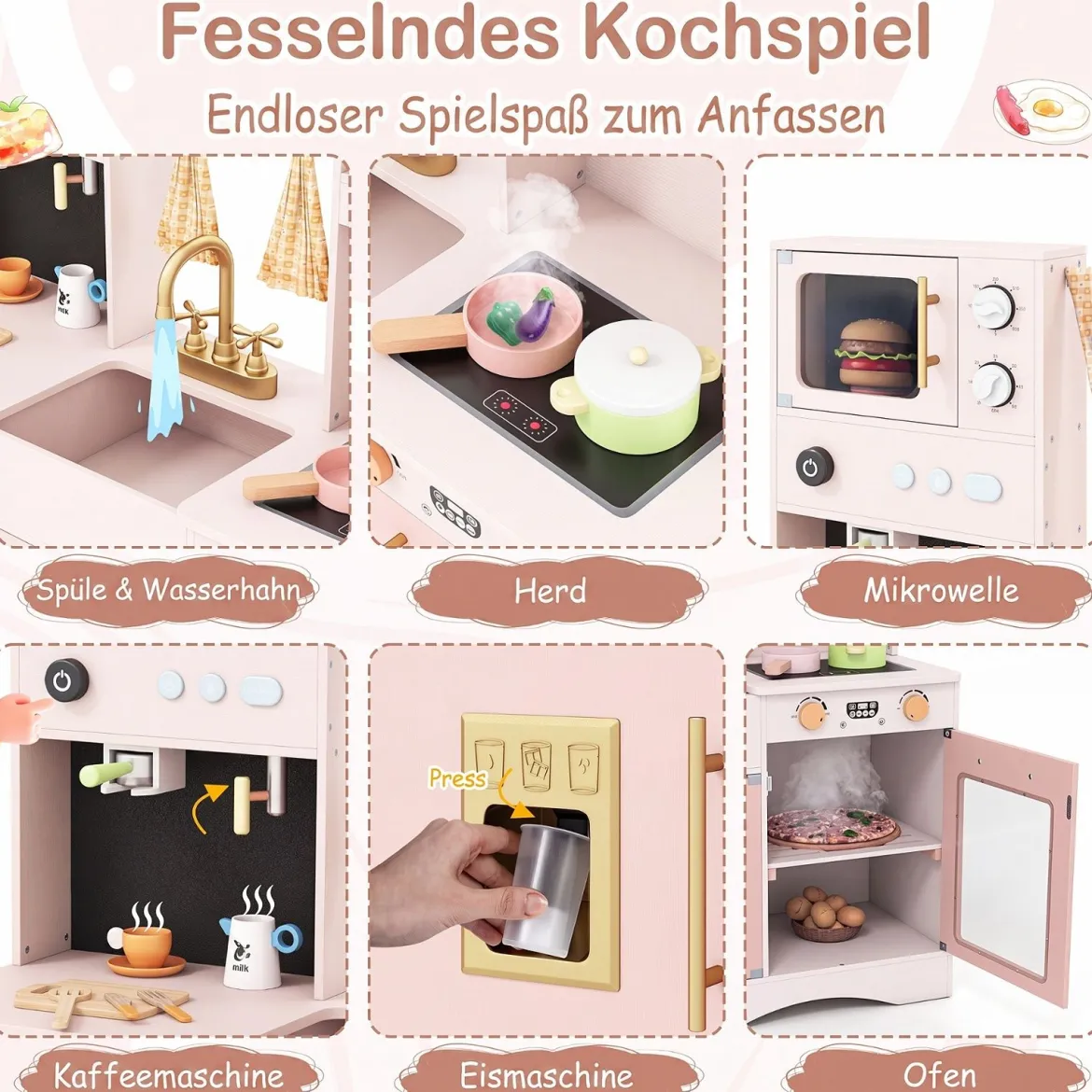 Kinderküche mit Kochzubehör Spielküche Holz mit Mikrowelle 92 x 35 x 90 cm für Kinder ab 3 Jahren Rosa