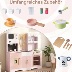 Kinderküche mit Kochzubehör Spielküche Holz mit Mikrowelle 92 x 35 x 90 cm für Kinder ab 3 Jahren Rosa