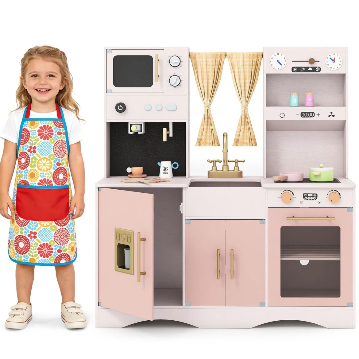 Kinderküche mit Kochzubehör Spielküche Holz mit Mikrowelle 92 x 35 x 90 cm für Kinder ab 3 Jahren Rosa