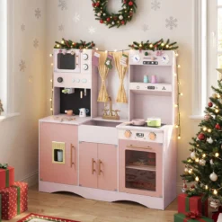 Kinderküche mit Kochzubehör Spielküche Holz mit Mikrowelle 92 x 35 x 90 cm für Kinder ab 3 Jahren Rosa