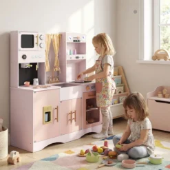 Kinderküche mit Kochzubehör Spielküche Holz mit Mikrowelle 92 x 35 x 90 cm für Kinder ab 3 Jahren Rosa
