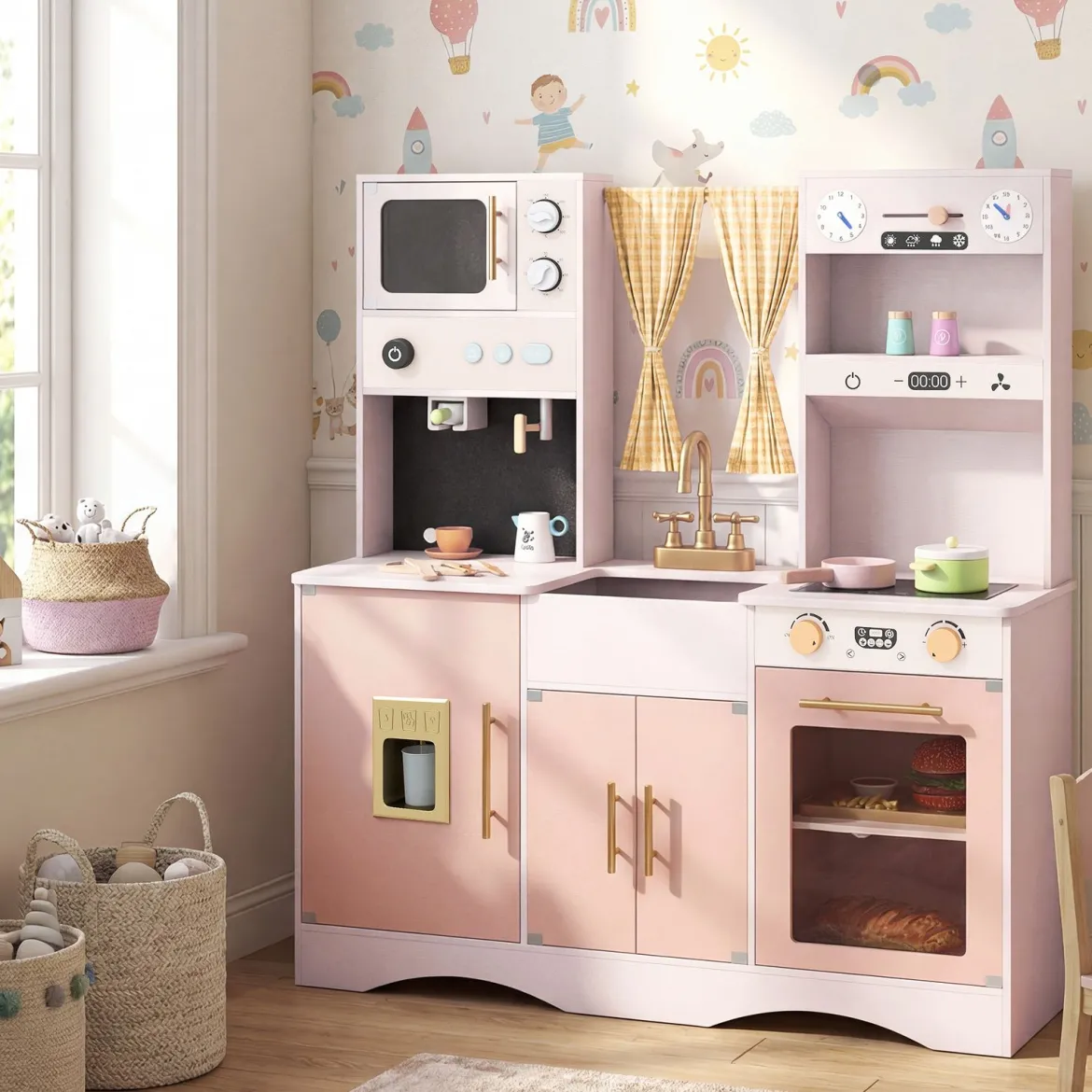 Kinderküche mit Kochzubehör Spielküche Holz mit Mikrowelle 92 x 35 x 90 cm für Kinder ab 3 Jahren Rosa