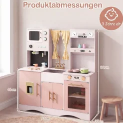 Kinderküche mit Kochzubehör Spielküche Holz mit Mikrowelle 92 x 35 x 90 cm für Kinder ab 3 Jahren Rosa