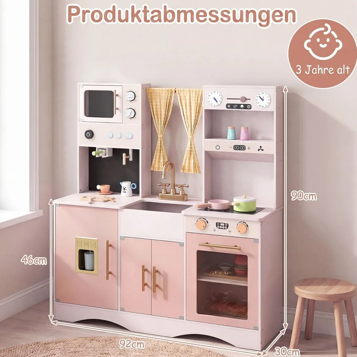 Kinderküche mit Kochzubehör Spielküche Holz mit Mikrowelle 92 x 35 x 90 cm für Kinder ab 3 Jahren Rosa