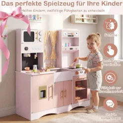 Kinderküche mit Kochzubehör Spielküche Holz mit Mikrowelle 92 x 35 x 90 cm für Kinder ab 3 Jahren Rosa