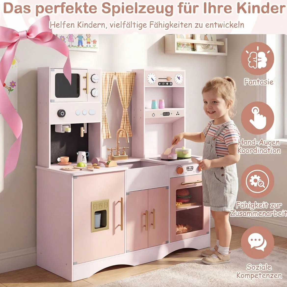 Kinderküche mit Kochzubehör Spielküche Holz mit Mikrowelle 92 x 35 x 90 cm für Kinder ab 3 Jahren Rosa