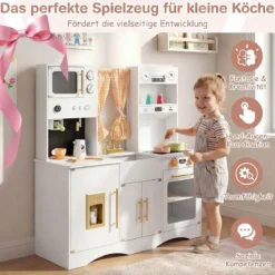 Kinderküche mit Kochzubehör Spielküche Holz mit Mikrowelle 92 x 35 x 90 cm für Kinder ab 3 Jahren Weiß