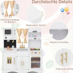 Kinderküche mit Kochzubehör Spielküche Holz mit Mikrowelle 92 x 35 x 90 cm für Kinder ab 3 Jahren Weiß