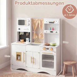 Kinderküche mit Kochzubehör Spielküche Holz mit Mikrowelle 92 x 35 x 90 cm für Kinder ab 3 Jahren Weiß