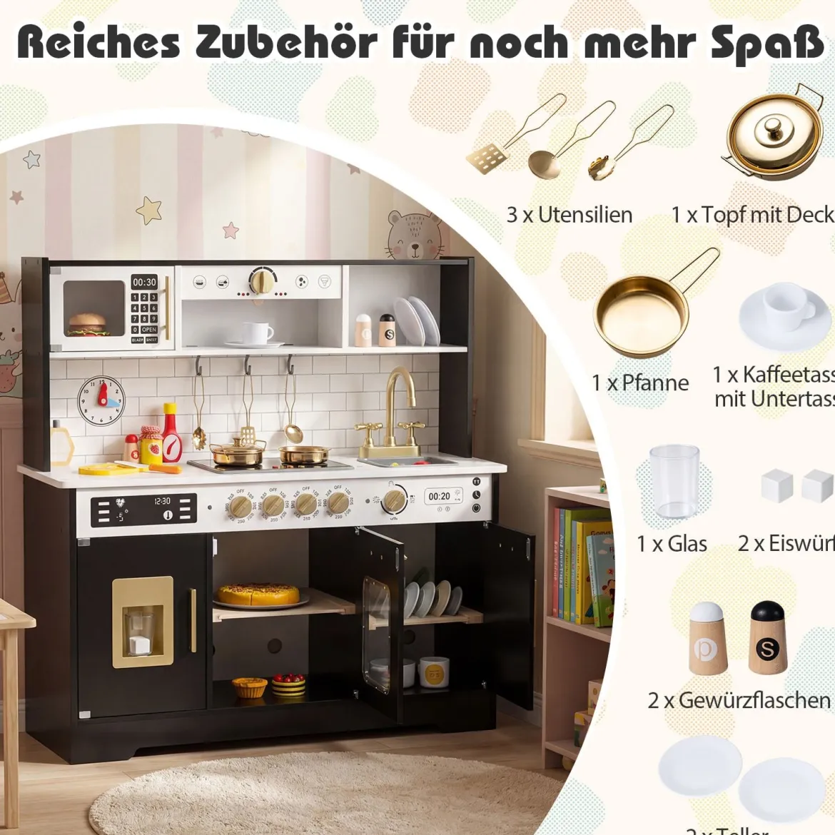 Kinderküche mit Licht & Sound Holz Spielküche mit Herd & Spüle Spielzeugküche inkl. 14 Zubehör Schwarz