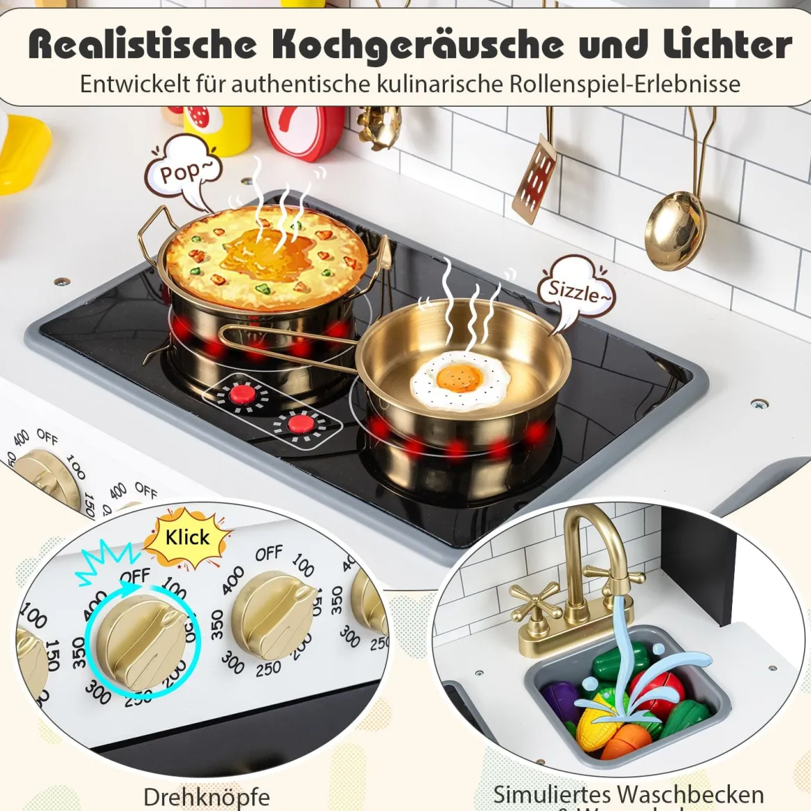 Kinderküche mit Licht & Sound Holz Spielküche mit Herd & Spüle Spielzeugküche inkl. 14 Zubehör Schwarz