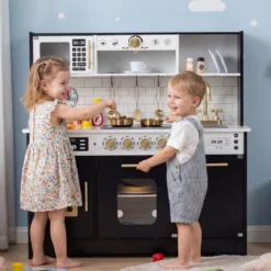 Kinderküche mit Licht & Sound Holz Spielküche mit Herd & Spüle Spielzeugküche inkl. 14 Zubehör Schwarz