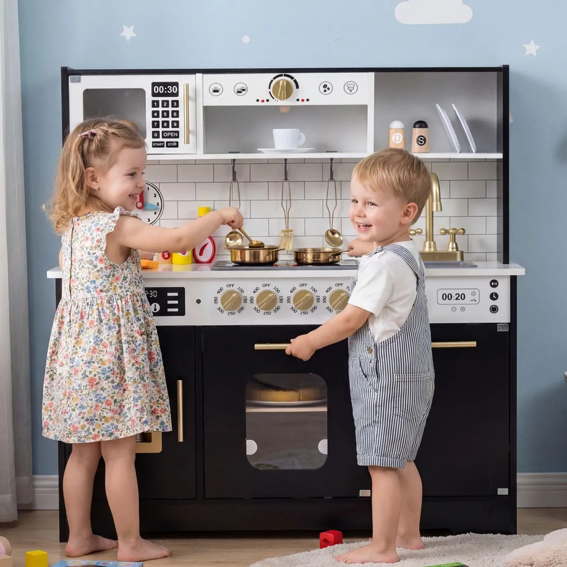 Kinderküche mit Licht & Sound Holz Spielküche mit Herd & Spüle Spielzeugküche inkl. 14 Zubehör Schwarz